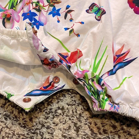 Baker by Ted Baker Tropical Print Baby Bubble Romper with Pink Bows on Shoulders - Picture 5 of 8